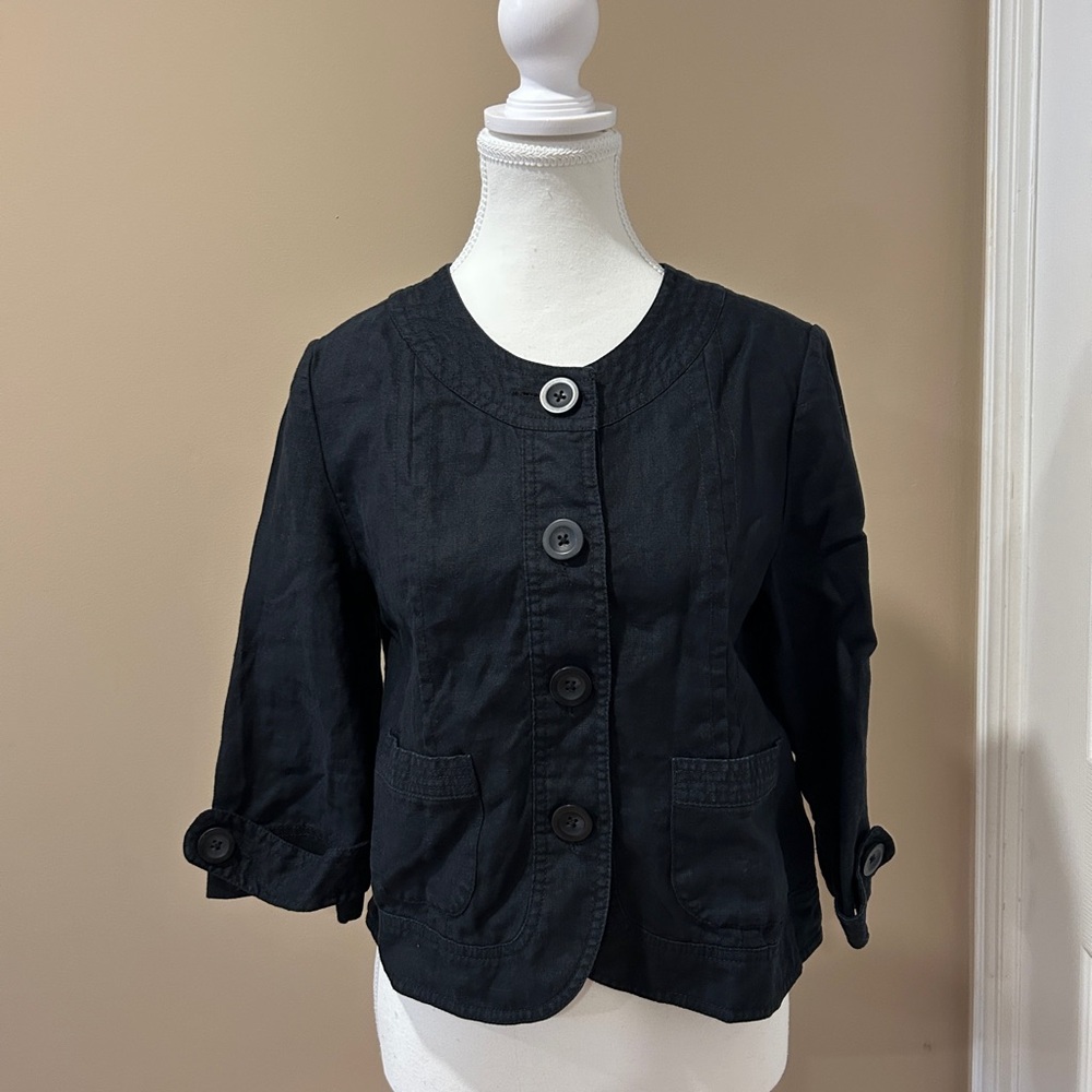 Marvin Richards Black Linen Blazer with Rounded Neckline